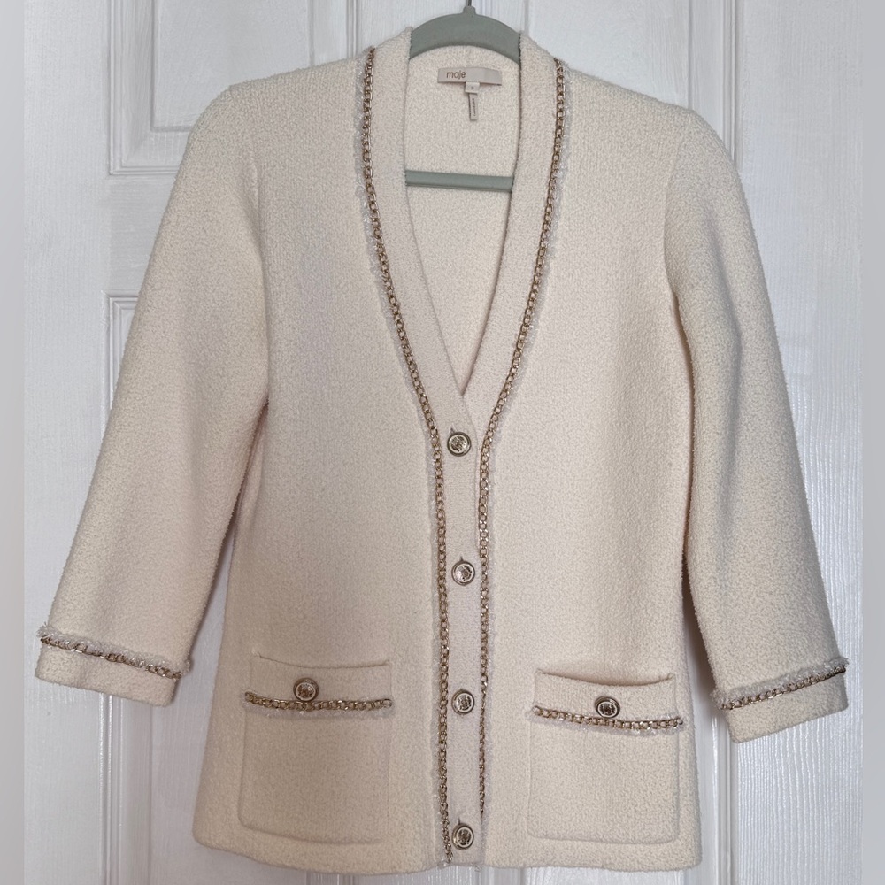 MAJE New Elegant Winter White Flex Sweater Jacket With Gold Chain Trims Size 3